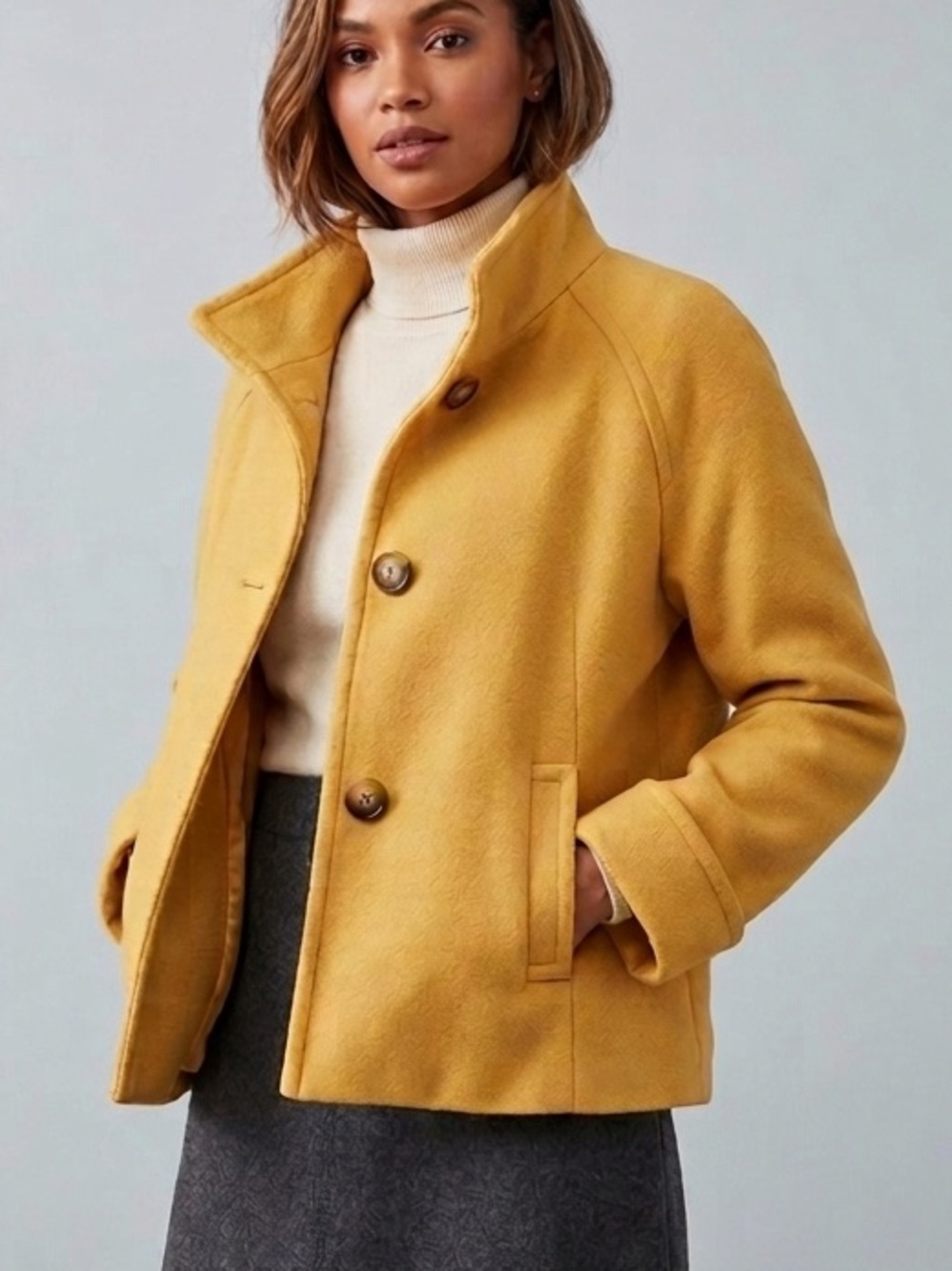 Vintage Laura Ashley Butter Yellow Wool Pea Coat Jacket - Large